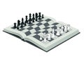 An open book transforms into a chessboard with black and white chess pieces arranged as if for the Royalty Free Stock Photo