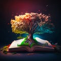 an open book with tree growing out of it photoreal, generative AI