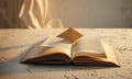 open book with triangular object on top rests on white surface, bathed in soft light from window with white