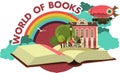 Open book trip to fabulous worlds emblem Royalty Free Stock Photo