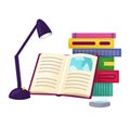 Open book under lamp light stack books eraser. Studying, reading education concept vector