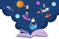 Open book universe reading fantasy Vector flat style. Creativity school kids education reading concepts Royalty Free Stock Photo