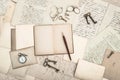 Open book, vintage accessories, old letters Royalty Free Stock Photo