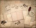 Open book, vintage antique accessories, letters Royalty Free Stock Photo