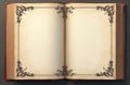 Open book with vintage ornate borders on pages and empty space. Blank hard cover book with retro design elements for text, Royalty Free Stock Photo