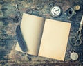 Open book and vintage writing on wooden table. Retro style toned Royalty Free Stock Photo