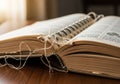 An open book with visible binding threads is resting on a wooden table. The book features a Royalty Free Stock Photo