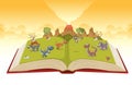 Open book with volcano and funny cartoon dinosaurs.