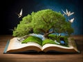 an open book with a waterfall , trees and butterflies coming out of it