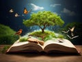 an open book with a waterfall , trees and butterflies coming out of it