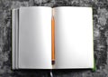 Open book with white blank pages and brown pencil on grey grungy background Royalty Free Stock Photo