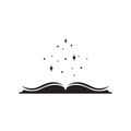 Open book with white stars flying out. Isolated on powder blue background. Flat icon. illustration. Magic reading logo Royalty Free Stock Photo