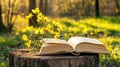 Open book, wildflowers, forest, sunrise, reading Royalty Free Stock Photo