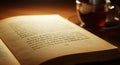 An open book on a wooden surface, illuminated by warm, soft lighting. The pages