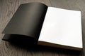 Open book on wooden table with black and white empty pages. Royalty Free Stock Photo