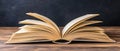 OPEN BOOK ON WOODEN TABLE WITH A BLURRY DARK BACKGROUND Royalty Free Stock Photo