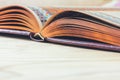 Open book on the wooden table with copy space, Royalty Free Stock Photo