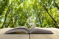 Open book on wooden table on natural blurred background. Heart book page. Back to school. Copy Space Royalty Free Stock Photo