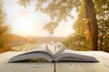 Open book on wooden table on natural blurred background. Heart book page. Back to school. Copy Space