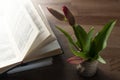 An open book on a wooden tray. Flowers in a vase. A stack of books. Workplace.