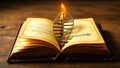 Open book with the word knowledge on it and a spiral staircase with a flame above it on a wooden table Royalty Free Stock Photo