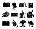 Open books black silhouettes. Fairy tale book reading icons vector illustration isolated on white for library logo or