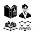 Open books and man with glasses vector icons black and white reading knowledge Royalty Free Stock Photo