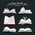 Open books. New open book set with bookmark between pages for encyclopedia and notebook, dictionary and textbook icons