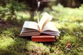 Open books outdoor. Knowledge is power. Book in a forest. Book on a stump Royalty Free Stock Photo