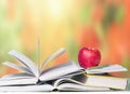 Open books red apple school education background. Royalty Free Stock Photo