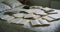 Open Books Scattered on a Bed Royalty Free Stock Photo
