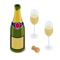 Open bottle of champagne or sparkling wine, two full glasses, and a cork