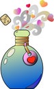 Open bottle of love potion. Label with heart and cork. The potion evaporates, hearts fly Royalty Free Stock Photo