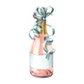 An open bottle of pink champagne with a festive ribbon. Watercolor illustration. An isolated object from a large set of Royalty Free Stock Photo