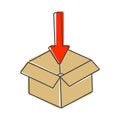 Open box and arrow pointing into the box, inside a vector image. Packing and goods packing mark Royalty Free Stock Photo