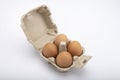 Open box with Chicken eggs in small paper tray on white background Royalty Free Stock Photo