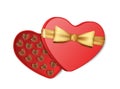 Open box of chocolate sweets in heart shape. Red lid with golden bow. Realistic candies praline Royalty Free Stock Photo