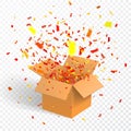 Open box with confetti, cardboard, vector container