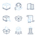 Open box, Delivery box and Search package icons set. Return package, Lighthouse and Buildings signs. Vector