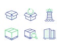 Open box, Delivery box and Search package icons set. Return package, Lighthouse and Buildings signs. Vector