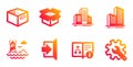 Open box, Lighthouse and Buildings icons set. Office box, Exit and Skyscraper buildings signs. Vector