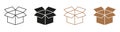 Open Box Line and Silhouette Icon Set. Carton Parcel Symbol Collection. Cardboard Package Black and Color Pictogram