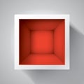 Open box. top view on empty cube, mockup design for your project. Red inside. Vector volume realistic shape