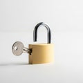 Open Brass Padlock with a Silver Key Inserted on a White Background unlocked Royalty Free Stock Photo