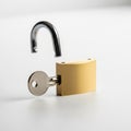 Open Brass Padlock with Silver Key Inserted in the Lock Body Royalty Free Stock Photo