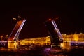 Open bridge over the river in the evening city. Drawbridge in Saint Petersburg with night lights