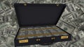 Open briefcase full of US dollar bills, corruption and bribery, financial crime