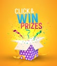 Open brigh textured box with confetti explosion inside and Click and win prizes text. Flying particles from giftbox vector