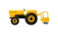 Open yellow tractor with tine ripper or plough. Agricultural machinery. Plowing equipment for work on fields. Flat