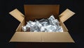 Open cardboard box filled with crumpled white packing paper on black background Royalty Free Stock Photo